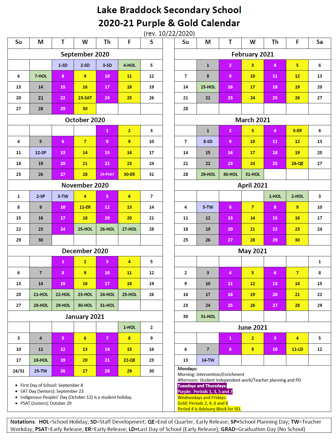 Bell Schedule, School Calendar, and Attendance Lake Braddock